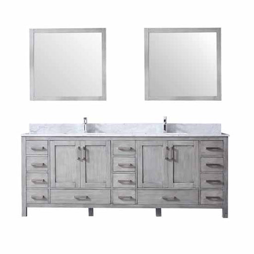 Lexora Jacques 84" - Distressed Grey Double Bathroom Vanity (Options: White Carrara Marble Top, White Square Sinks and 34" Mirrors w/ Faucets) - Lexora - Ambient Home