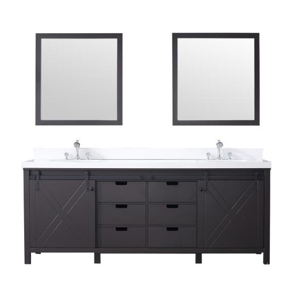 Lexora Marsyas 84" - Brown Double Bathroom Vanity (Options: White Quartz Top, White Square Sinks and 34" Mirrors w/ Faucets) - Lexora - Ambient Home
