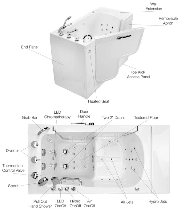 Ella's Bubble Transfer 30 – Outward Swing Door Wheelchair Accessible Acrylic Walk-In Bathtub with 2″ Dual Drain (29″W x 52″L) - Ella's Bubbles - Ambient Home